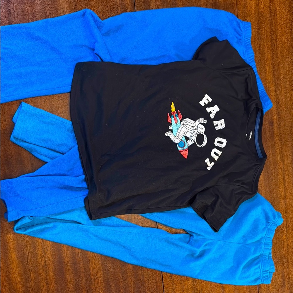 Pajama Set: Black 'Far Out' Astronaut T-Shirt with Blue Pants